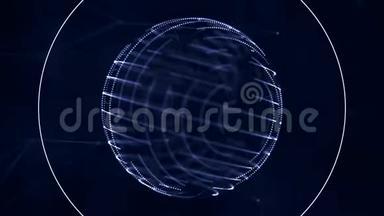 数字透明的蓝色球体，表面有小的移动点，在深蓝色上旋转nad接收信号